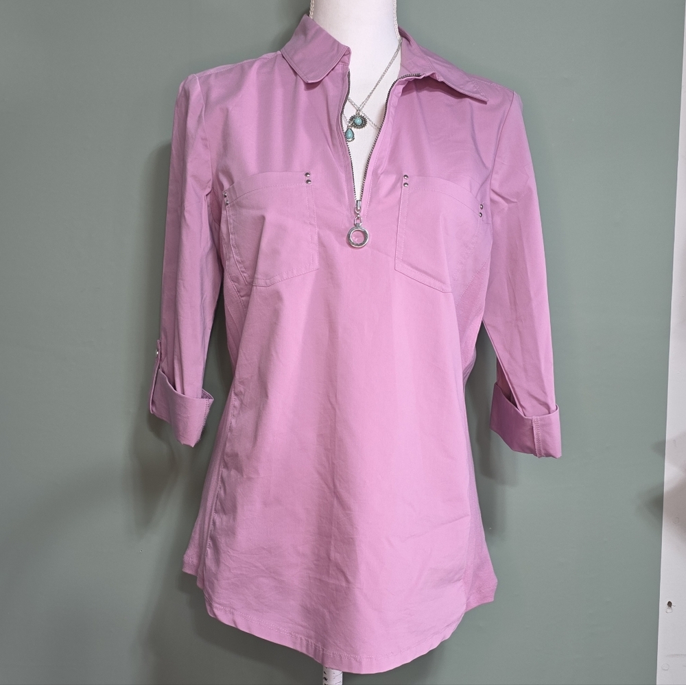 Croft & Barrow Stretchy Pink V-neck Zip Dressy Button Sleeve Blouse Small
